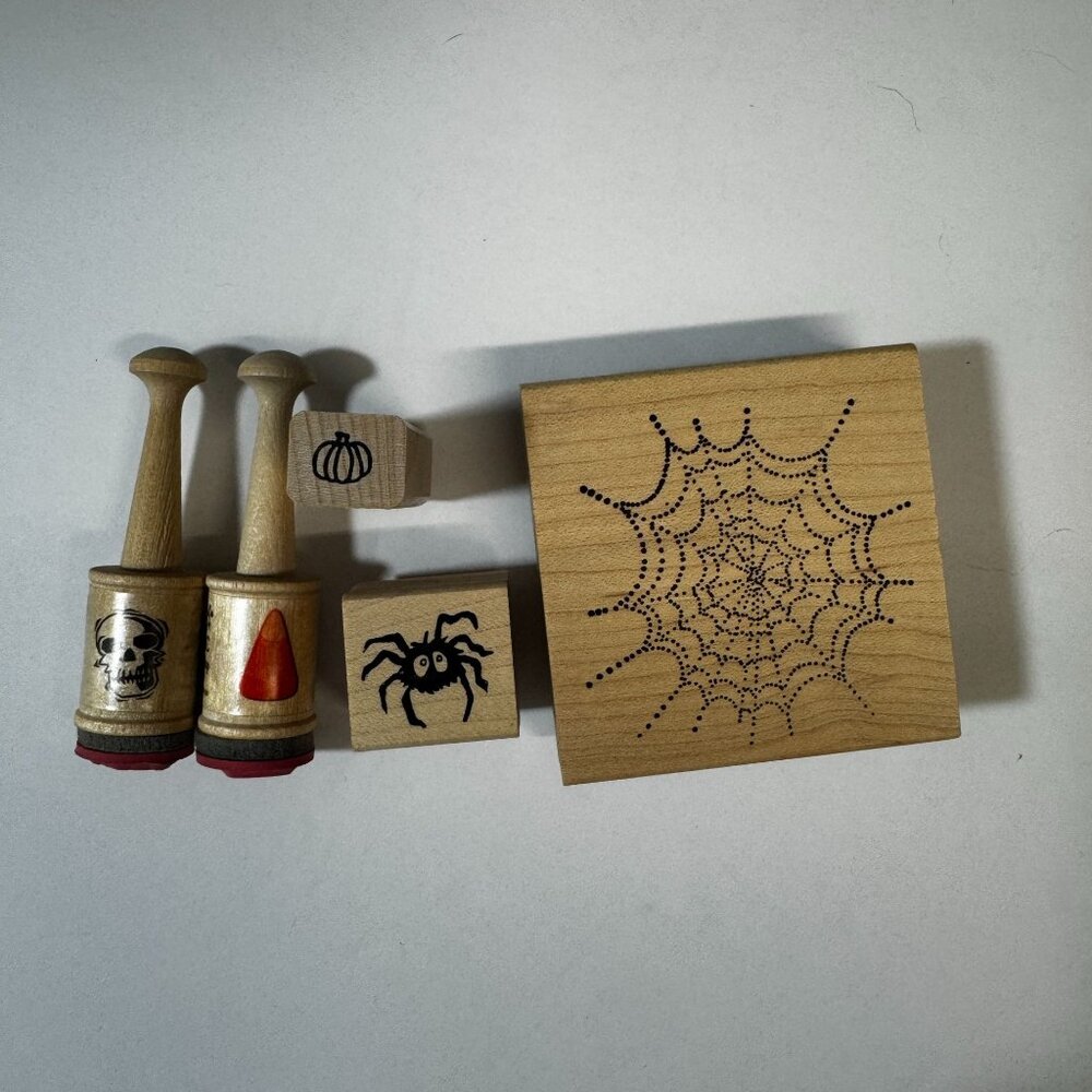 Halloween-Themed Wooden Rubber Stamps Set Of 5 Spider Web Spider candy corn